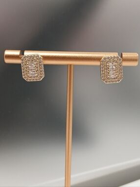 NEW! Goldoro Gold Filled Crystal Square Baguette Halo Stud Earrings